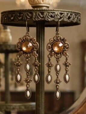 Michal Negrin Amber Crystal & Cream Teardrop Dangle Earrings – Vintage-Inspired